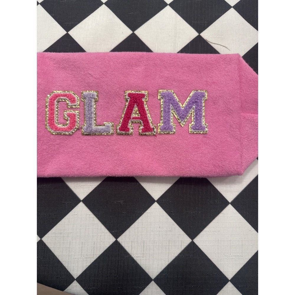 Mud Pie Pink Terry Cloth Cosmetic Bag Pouch GLAM Embroidered Makeup Organizer - Picture 2 of 5